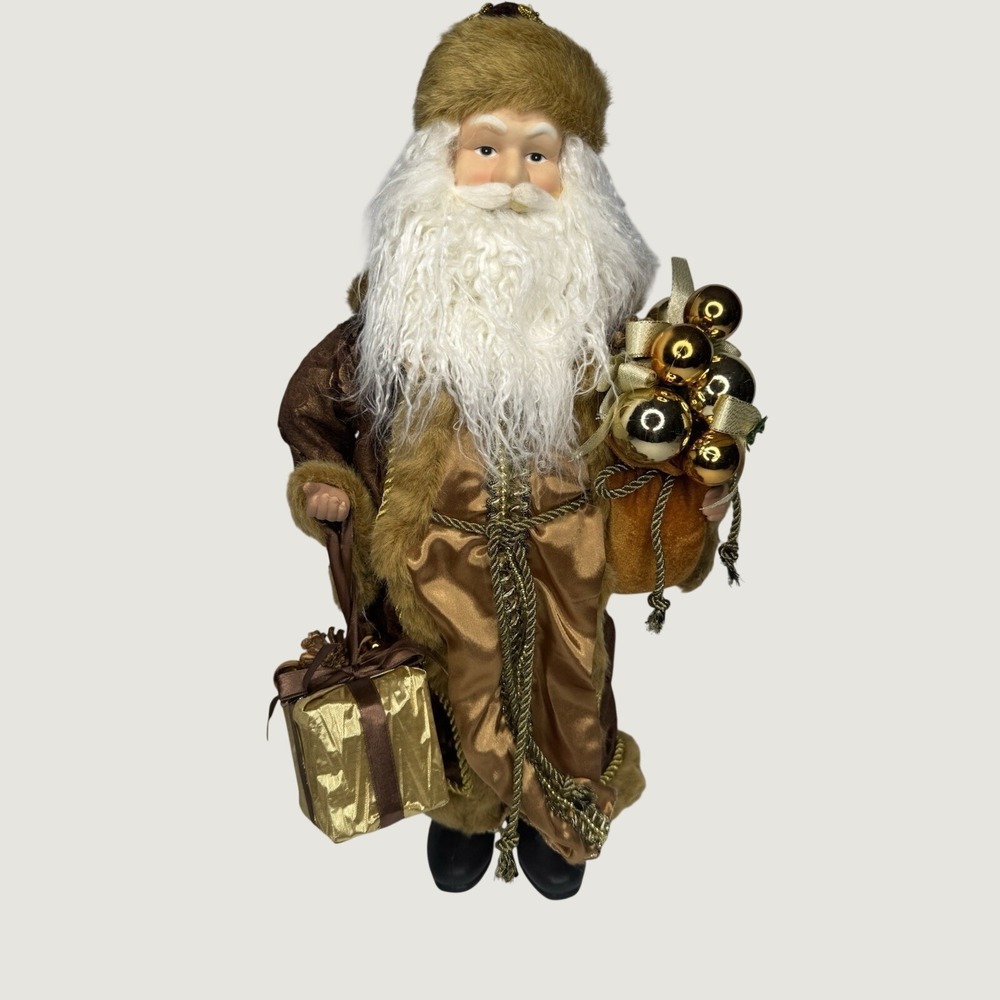 Standing Santa Claus Figure Brown Gold Fur Coat Gift Bag 20 Inch Christmas